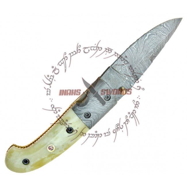 Bone Collector Folding Damascus Knife With Leather Sheath