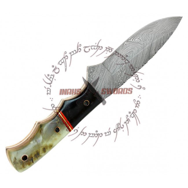 The Liberator by Rebel Wolf Damascus Forged Steel Bowie Knife Ram Horn Handle