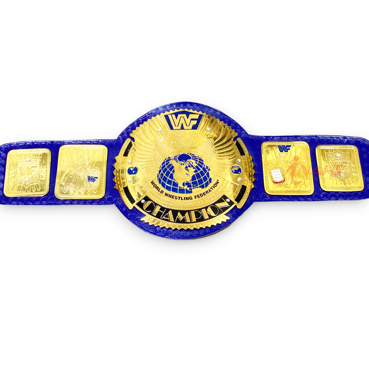 WWF Block Logo Big Eagle Wrestling Championship Belt Real Blue Leather Strap Adult Size
